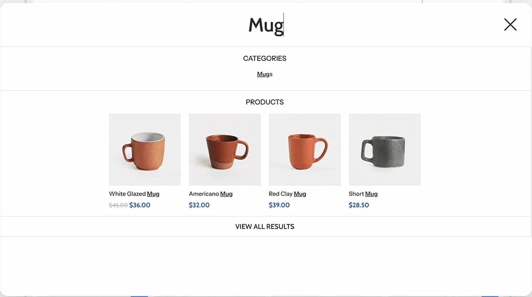 Fullscreen AJAX product search overlay