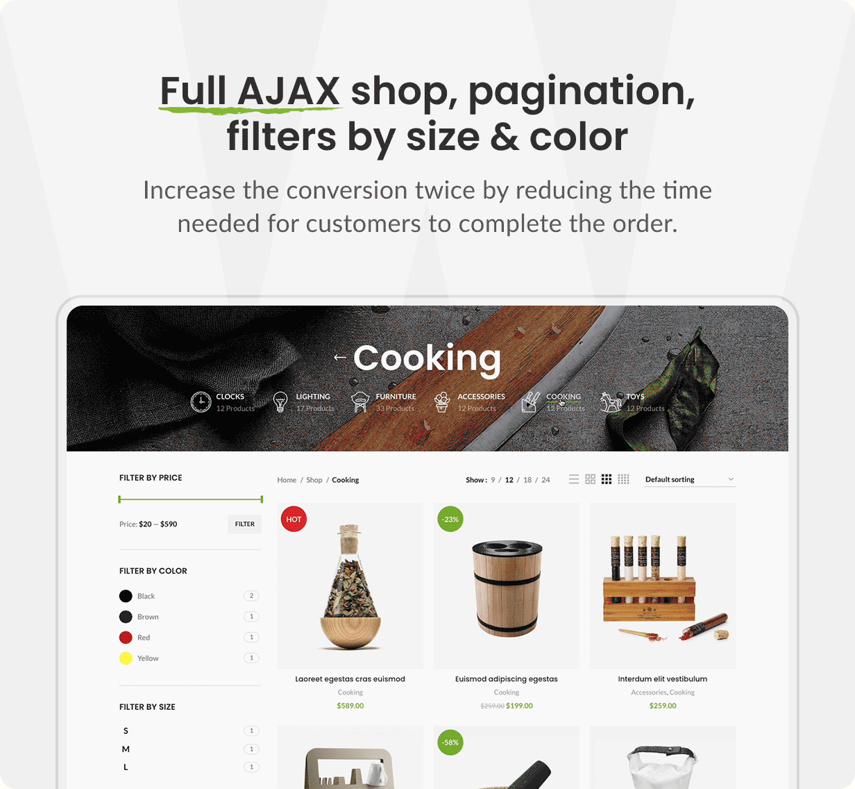 Catalogue page with live filters and product grid